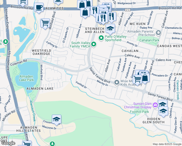 map of restaurants, bars, coffee shops, grocery stores, and more near 5650 Santa Teresa Boulevard in San Jose