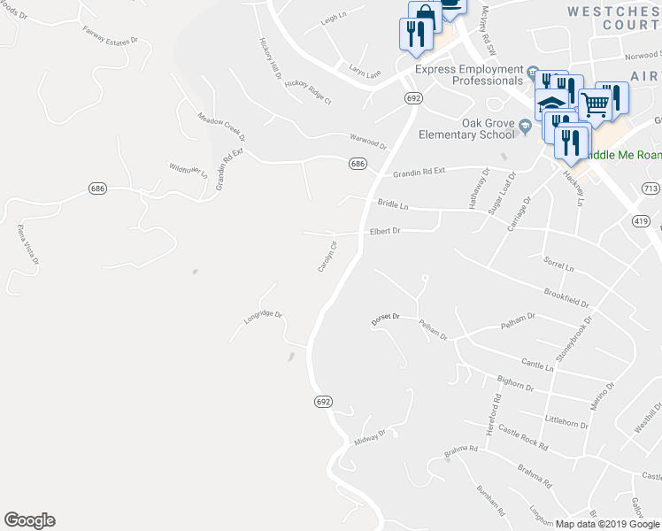 map of restaurants, bars, coffee shops, grocery stores, and more near 5332 Carolyn Circle in Roanoke