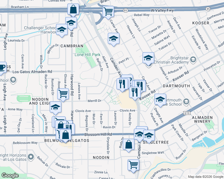 map of restaurants, bars, coffee shops, grocery stores, and more near Mirassou Drive in San Jose