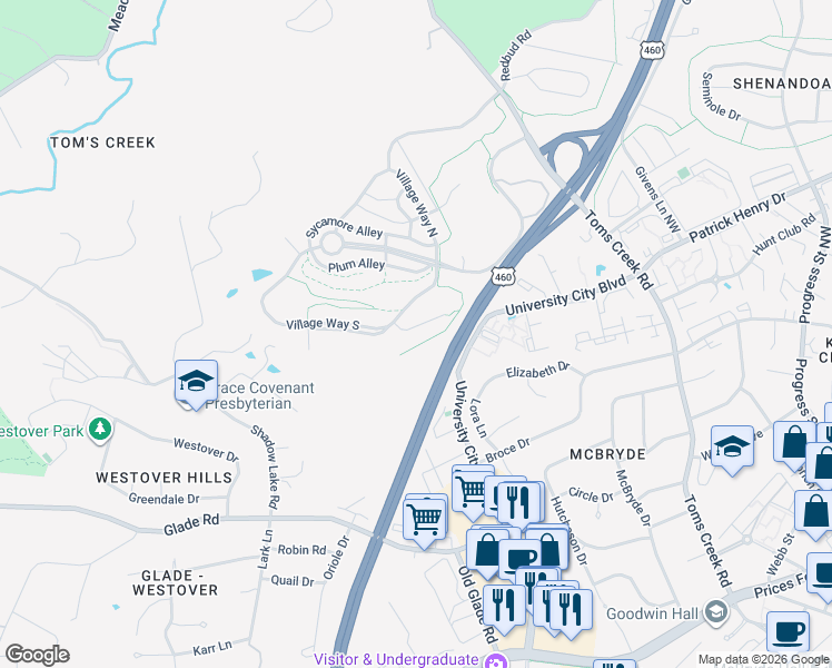 map of restaurants, bars, coffee shops, grocery stores, and more near Village Way South in Blacksburg