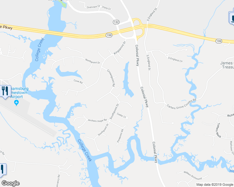map of restaurants, bars, coffee shops, grocery stores, and more near 102 Overlook Drive in Williamsburg
