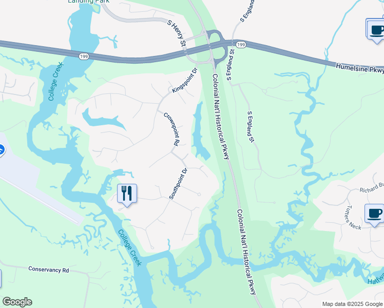 map of restaurants, bars, coffee shops, grocery stores, and more near 102 Overlook Drive in Williamsburg