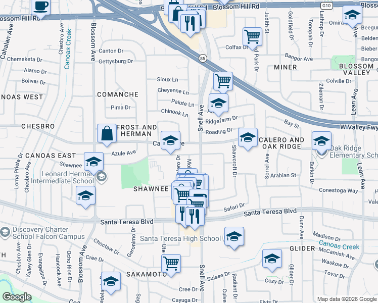 map of restaurants, bars, coffee shops, grocery stores, and more near 514 Calero Avenue in San Jose
