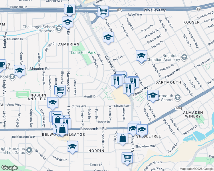 map of restaurants, bars, coffee shops, grocery stores, and more near 5286-5298 Alan Avenue in San Jose