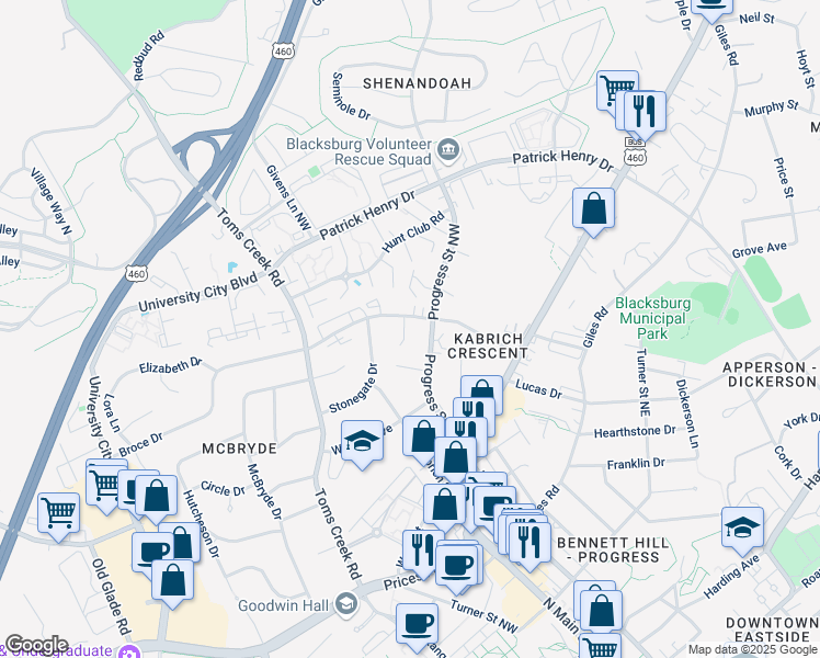 map of restaurants, bars, coffee shops, grocery stores, and more near 300 Broce Drive in Blacksburg
