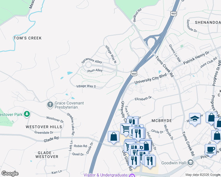 map of restaurants, bars, coffee shops, grocery stores, and more near Village Way South in Blacksburg