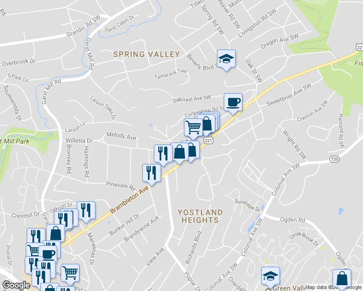 map of restaurants, bars, coffee shops, grocery stores, and more near 3128 Fleetwood Avenue Southwest in Roanoke