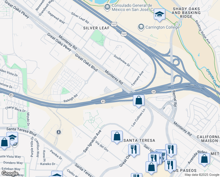 map of restaurants, bars, coffee shops, grocery stores, and more near 9 Great Oaks Boulevard in San Jose