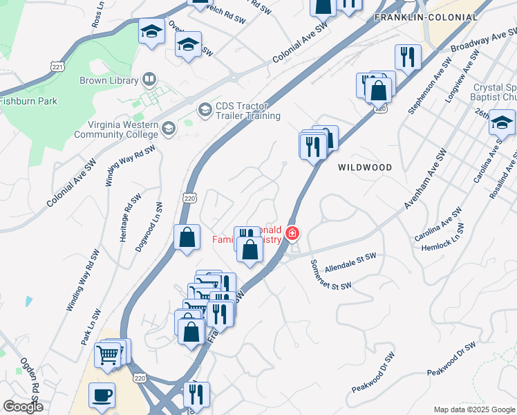 map of restaurants, bars, coffee shops, grocery stores, and more near 3332 Southwood Village Court Southwest in Roanoke