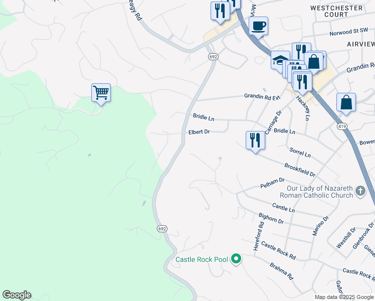 map of restaurants, bars, coffee shops, grocery stores, and more near 1802 Pelham Drive in Roanoke