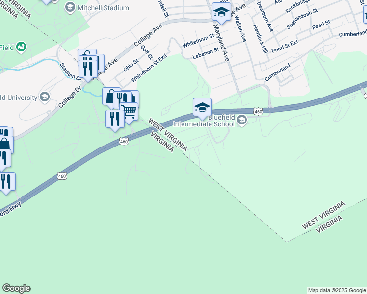 map of restaurants, bars, coffee shops, grocery stores, and more near 1418-1454 Fairview Dr in Bluefield