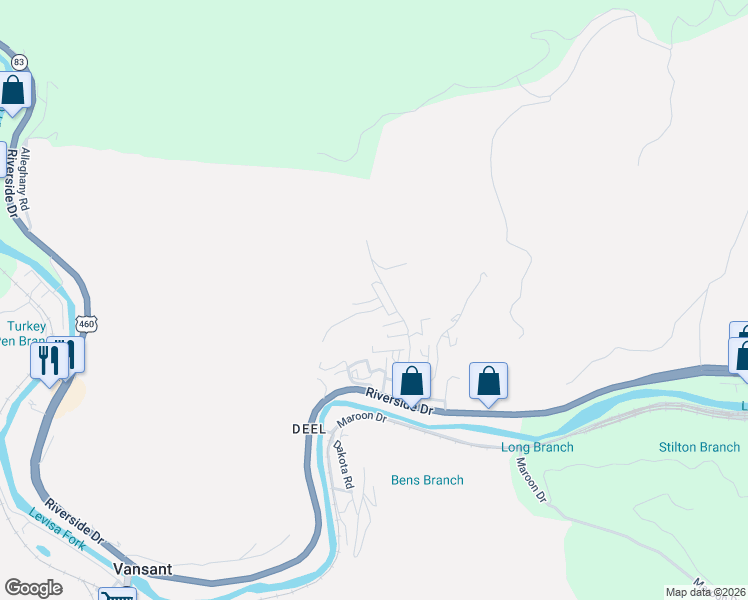 map of restaurants, bars, coffee shops, grocery stores, and more near Cypress Street in Vansant
