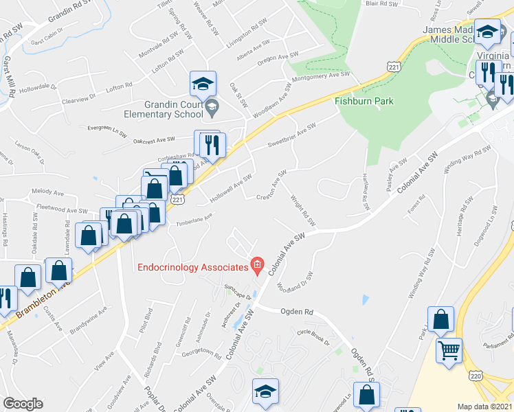 map of restaurants, bars, coffee shops, grocery stores, and more near 2750 Creston Avenue Southwest in Roanoke