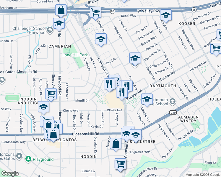 map of restaurants, bars, coffee shops, grocery stores, and more near 5255 Camden Avenue in San Jose