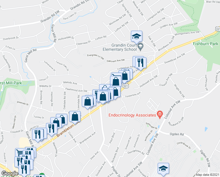 map of restaurants, bars, coffee shops, grocery stores, and more near 3124 Fleetwood Avenue Southwest in Roanoke