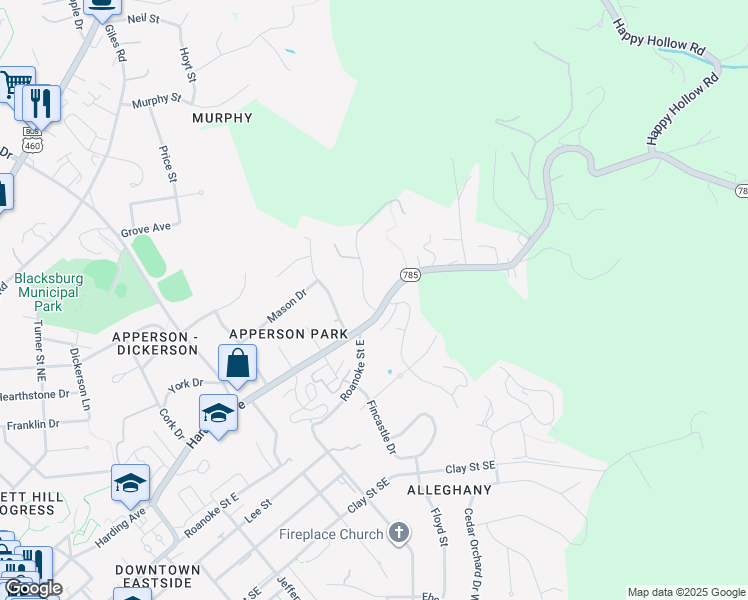 map of restaurants, bars, coffee shops, grocery stores, and more near 2701-2733 Green Meadow Drive in Blacksburg