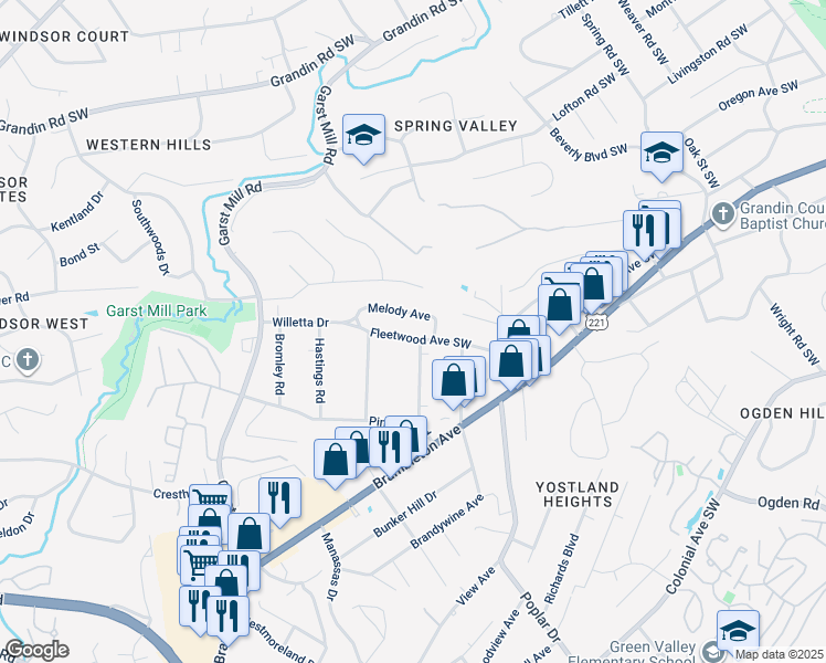 map of restaurants, bars, coffee shops, grocery stores, and more near 3319 Fleetwood Avenue Southwest in Roanoke