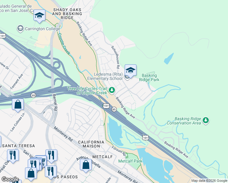 map of restaurants, bars, coffee shops, grocery stores, and more near 1114 Niguel Lane in San Jose