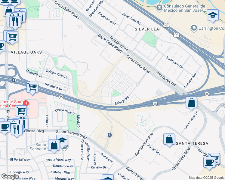 map of restaurants, bars, coffee shops, grocery stores, and more near 5731 Synergy Court in San Jose