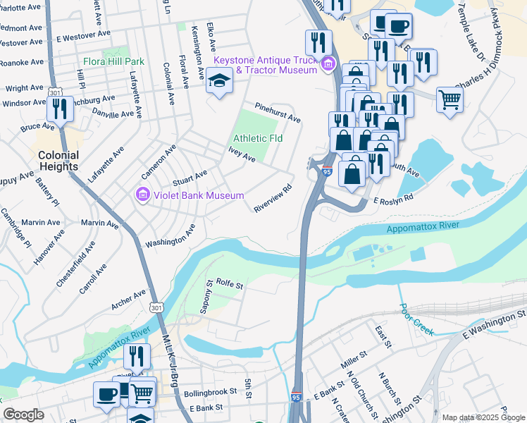 map of restaurants, bars, coffee shops, grocery stores, and more near 515 Riverview Road in Colonial Heights