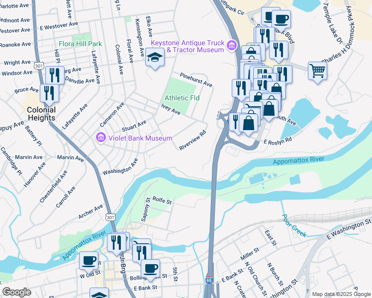 map of restaurants, bars, coffee shops, grocery stores, and more near 515 Riverview Road in Colonial Heights
