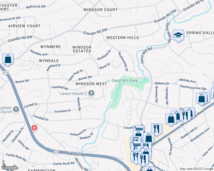 map of restaurants, bars, coffee shops, grocery stores, and more near 4215 Whitehall Circle in Cave Spring
