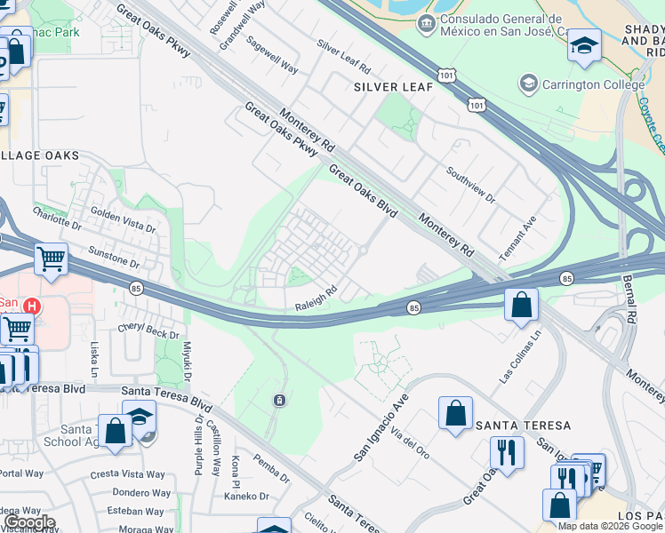 map of restaurants, bars, coffee shops, grocery stores, and more near 5886 Impact Lane in San Jose