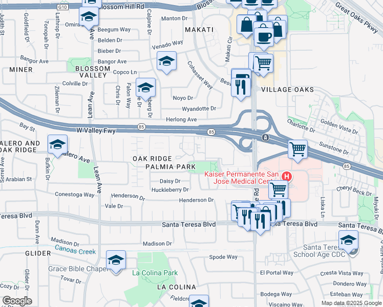 map of restaurants, bars, coffee shops, grocery stores, and more near 250 Palm Valley Boulevard in San Jose