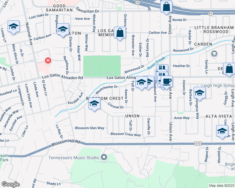 map of restaurants, bars, coffee shops, grocery stores, and more near 5270 Baron Drive in San Jose