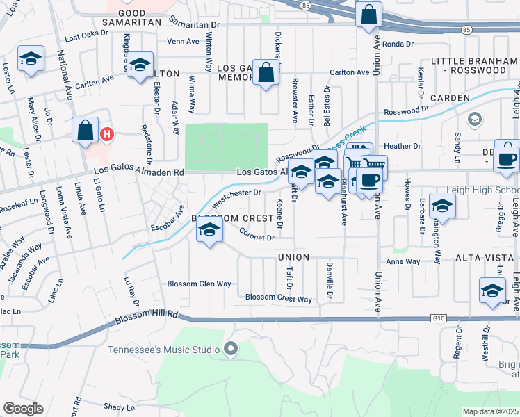 map of restaurants, bars, coffee shops, grocery stores, and more near 5270 Baron Drive in San Jose