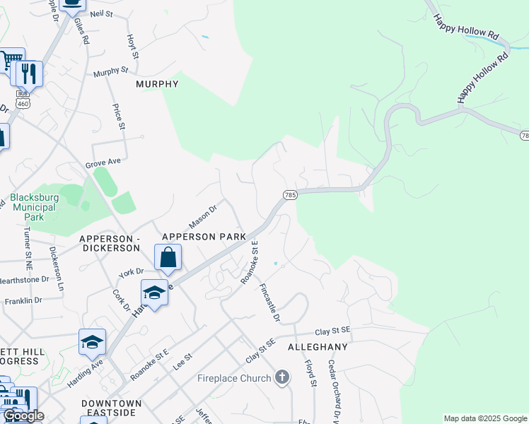 map of restaurants, bars, coffee shops, grocery stores, and more near 2701-2733 Green Meadow Drive in Blacksburg