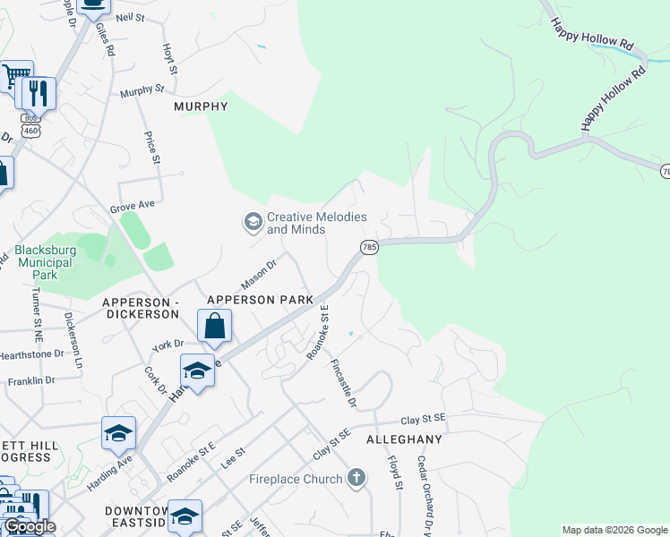 map of restaurants, bars, coffee shops, grocery stores, and more near 2701-2733 Green Meadow Drive in Blacksburg