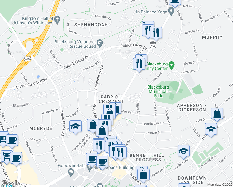 map of restaurants, bars, coffee shops, grocery stores, and more near 1207 North Main Street in Blacksburg