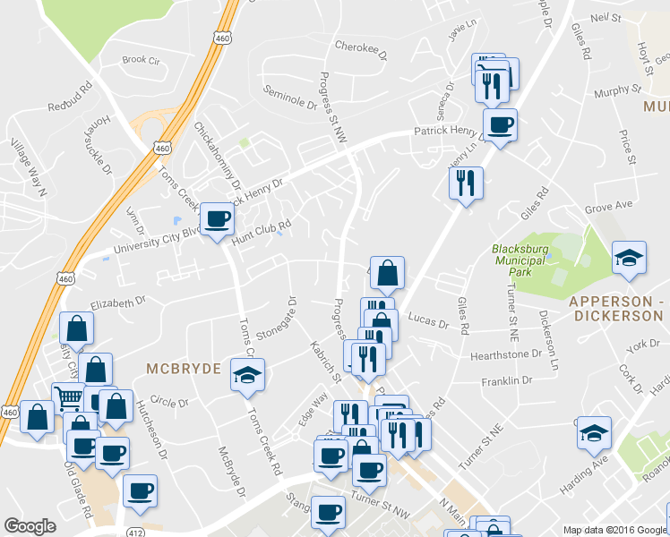 map of restaurants, bars, coffee shops, grocery stores, and more near 300 Broce Drive in Blacksburg