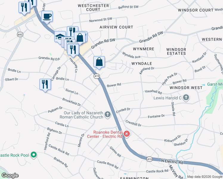 map of restaurants, bars, coffee shops, grocery stores, and more near 4962 Bower Road in Cave Spring