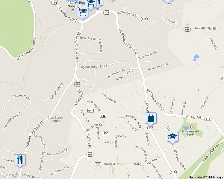 map of restaurants, bars, coffee shops, grocery stores, and more near 2720 Sunnyvale Street in Roanoke