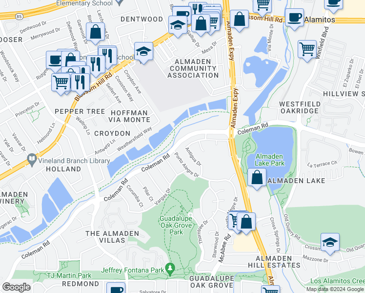 map of restaurants, bars, coffee shops, grocery stores, and more near 5849 Antigua Drive in San Jose