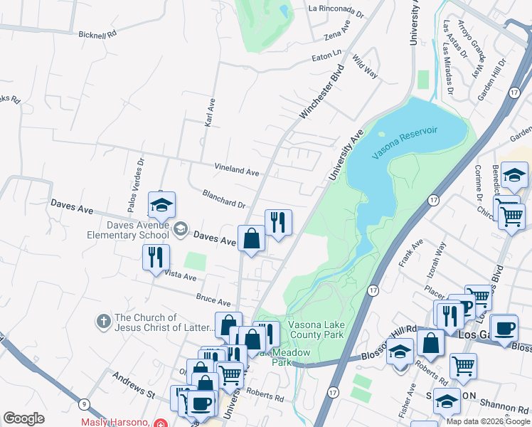 map of restaurants, bars, coffee shops, grocery stores, and more near 17446 El Rancho Avenue in Monte Sereno