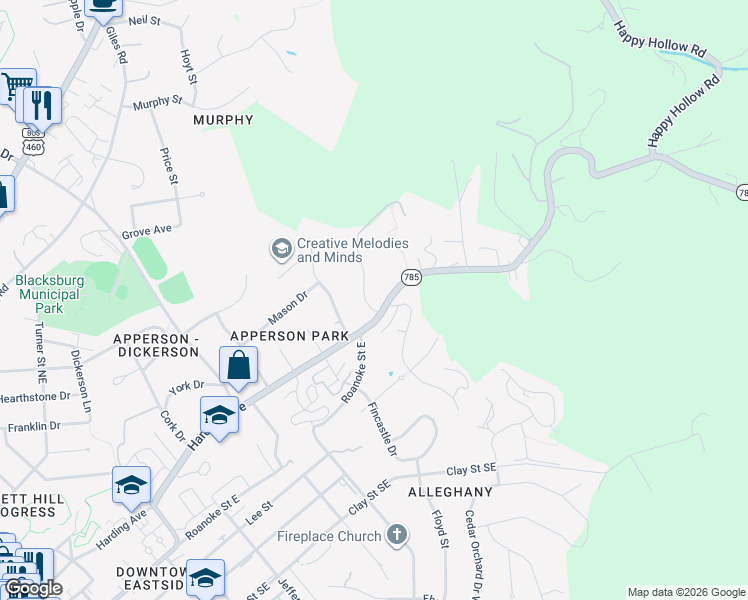 map of restaurants, bars, coffee shops, grocery stores, and more near 2701-2733 Green Meadow Drive in Blacksburg
