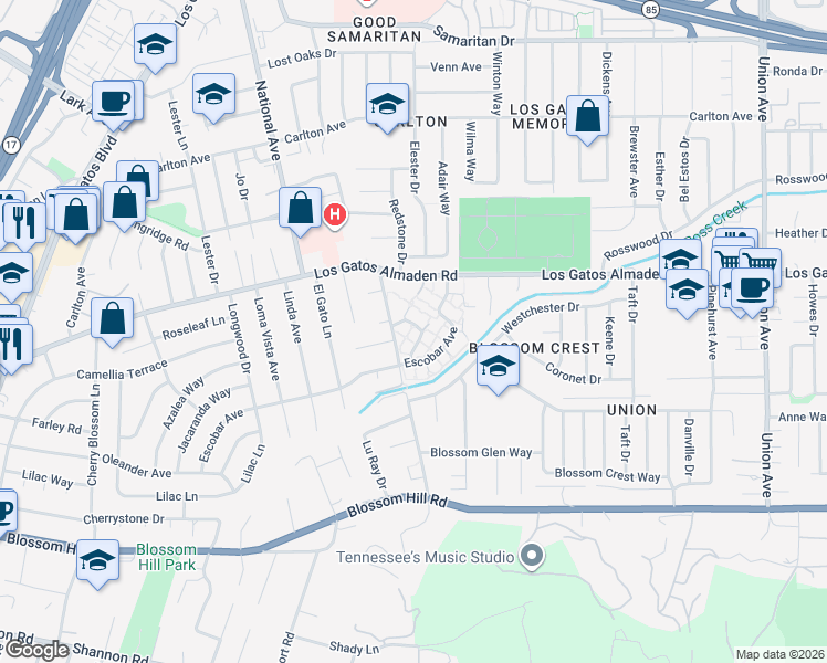 map of restaurants, bars, coffee shops, grocery stores, and more near 117 Milmar Way in Los Gatos