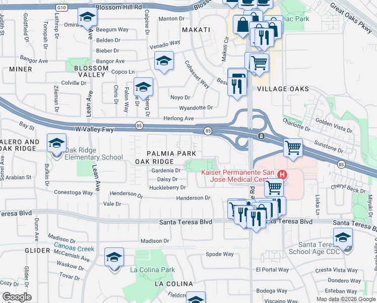 map of restaurants, bars, coffee shops, grocery stores, and more near 250 Palm Valley Boulevard in San Jose