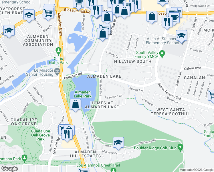 map of restaurants, bars, coffee shops, grocery stores, and more near 3007 La Terrace Circle in San Jose
