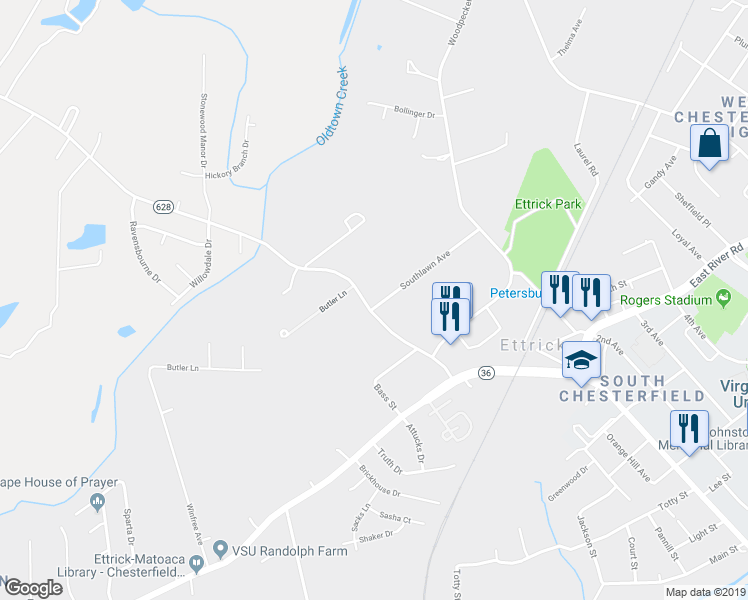 map of restaurants, bars, coffee shops, grocery stores, and more near 4200 Hickory Road in Petersburg