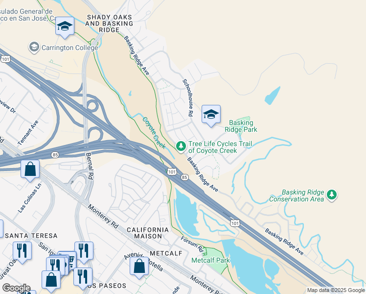 map of restaurants, bars, coffee shops, grocery stores, and more near 1102 Niguel Lane in San Jose