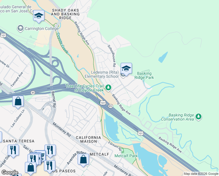 map of restaurants, bars, coffee shops, grocery stores, and more near 1102 Niguel Lane in San Jose