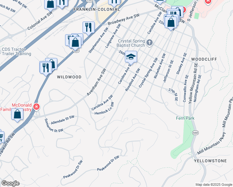 map of restaurants, bars, coffee shops, grocery stores, and more near 2930 Carolina Avenue Southwest in Roanoke