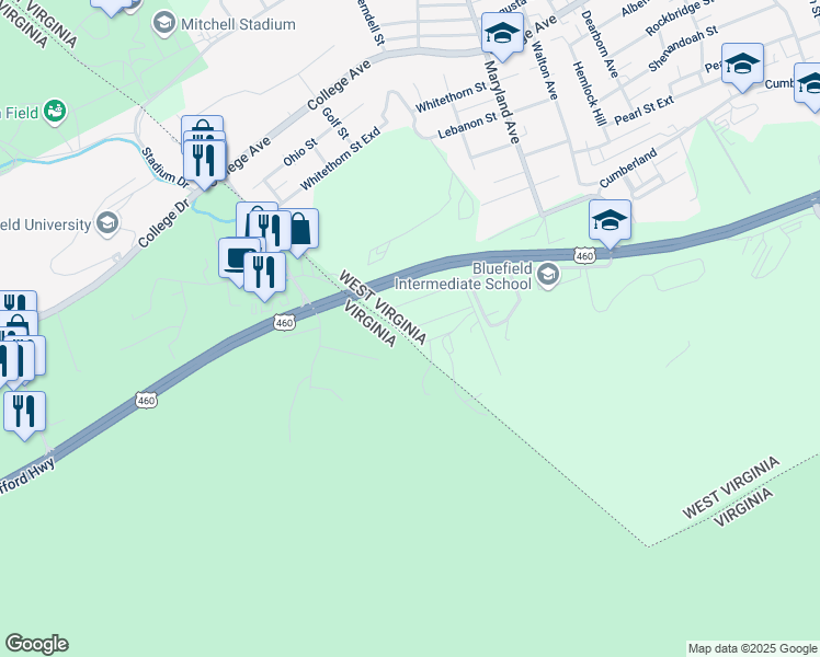 map of restaurants, bars, coffee shops, grocery stores, and more near 1454 Fairview Dr in Bluefield