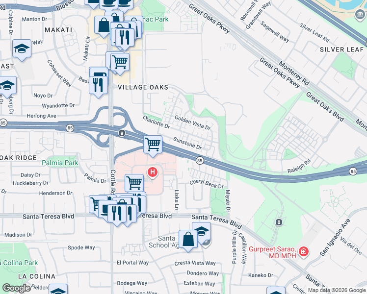map of restaurants, bars, coffee shops, grocery stores, and more near 6068 Sunstone Drive in San Jose