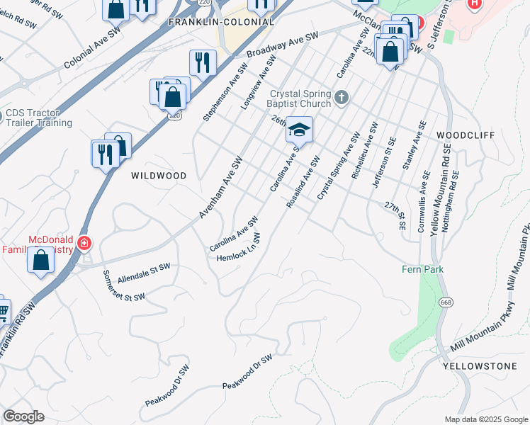 map of restaurants, bars, coffee shops, grocery stores, and more near 2930 Carolina Avenue Southwest in Roanoke