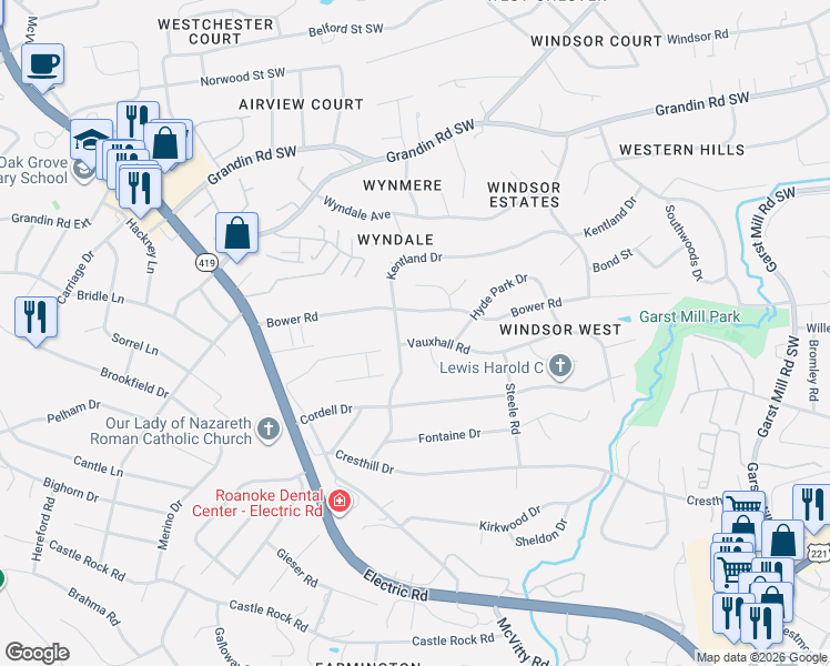 map of restaurants, bars, coffee shops, grocery stores, and more near 3934 Bower Road in Cave Spring